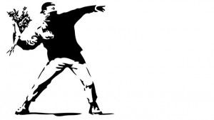 Representación de un coctel molotov pacífico según Banksy