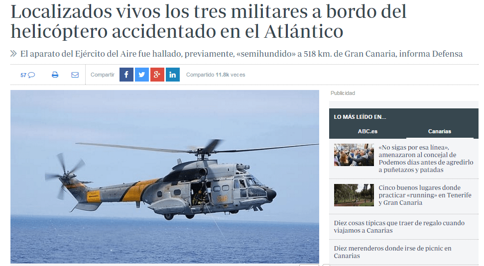 Primeras informaciones sobre el helicóptero estrellado en Canarias.