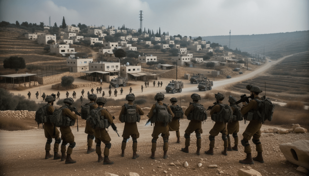 Imagen 16:9 de varios soldados israelíes en Kfar Aza, Israel. Se encuentran realizando una patrulla, y el ambiente es sereno. Las construcciones y estructuras de Kfar Aza están presentes en el fondo. FOTO: DALL-E