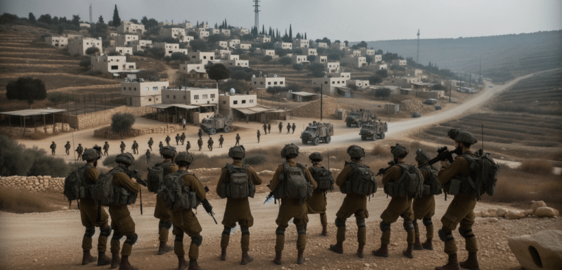 Imagen 16:9 de varios soldados israelíes en Kfar Aza, Israel. Se encuentran realizando una patrulla, y el ambiente es sereno. Las construcciones y estructuras de Kfar Aza están presentes en el fondo. FOTO: DALL-E