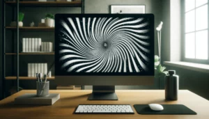 Pantalla de ordenador que muestra una imagen hipnótica en blanco y negro. La imagen en la pantalla presenta un patrón de espiral giratoria que crea un efecto hipnotizante.