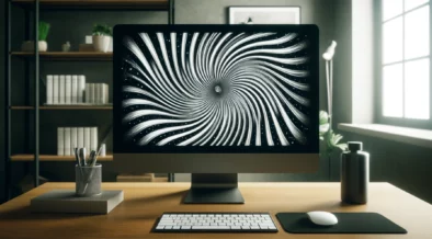 Pantalla de ordenador que muestra una imagen hipnótica en blanco y negro. La imagen en la pantalla presenta un patrón de espiral giratoria que crea un efecto hipnotizante.