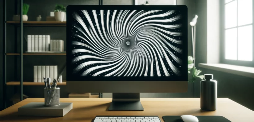 Pantalla de ordenador que muestra una imagen hipnótica en blanco y negro. La imagen en la pantalla presenta un patrón de espiral giratoria que crea un efecto hipnotizante.