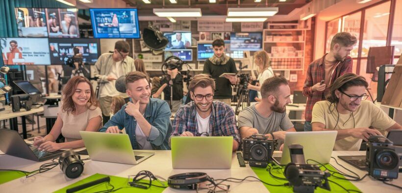 Jóvenes creadores de contenidos en una redacción de un medio de comunicación transmedia