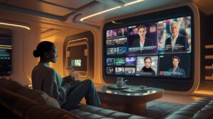 A futuristic living room with an African American woman in a medium shot, watching a large smart TV. She is wearing casual modern clothing, such as a sweater and jeans. The screen displays multiple news channels and AI-generated avatars delivering news. The room is dimly lit with a warm ambiance. The woman is seen from behind but closer to the frame, focusing on the screen. The TV has an advanced interface, showing interactive options and personalized recommendations. A sleek, modern design with a touch of cyberpunk aesthetic.